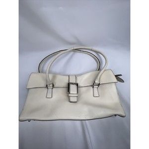 BCBG Cream Beige Purse Shoulder Bag Buckle Accent 3 Compartment Leather